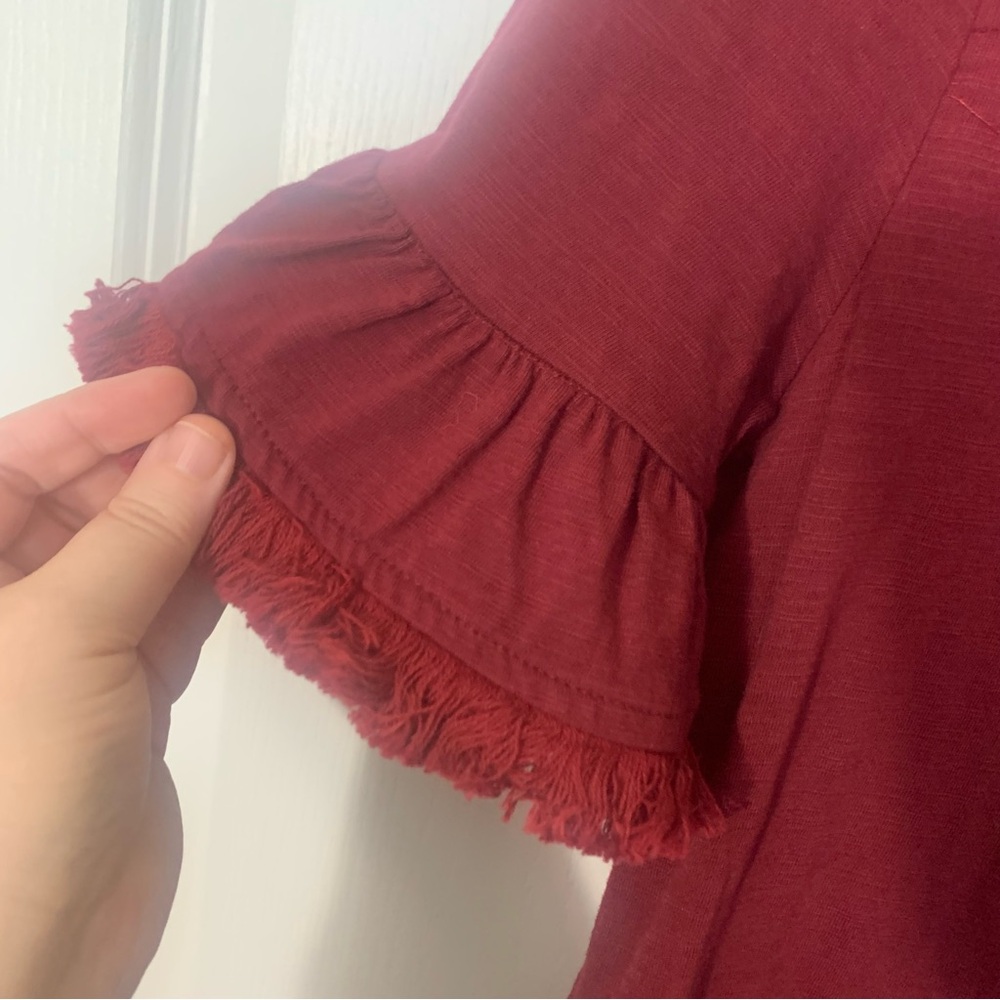 NWT Umgee Burgundy Cotton Swing Dress Raw Hem Ruffle Sleeve Pockets M Medium - Picture 7 of 8